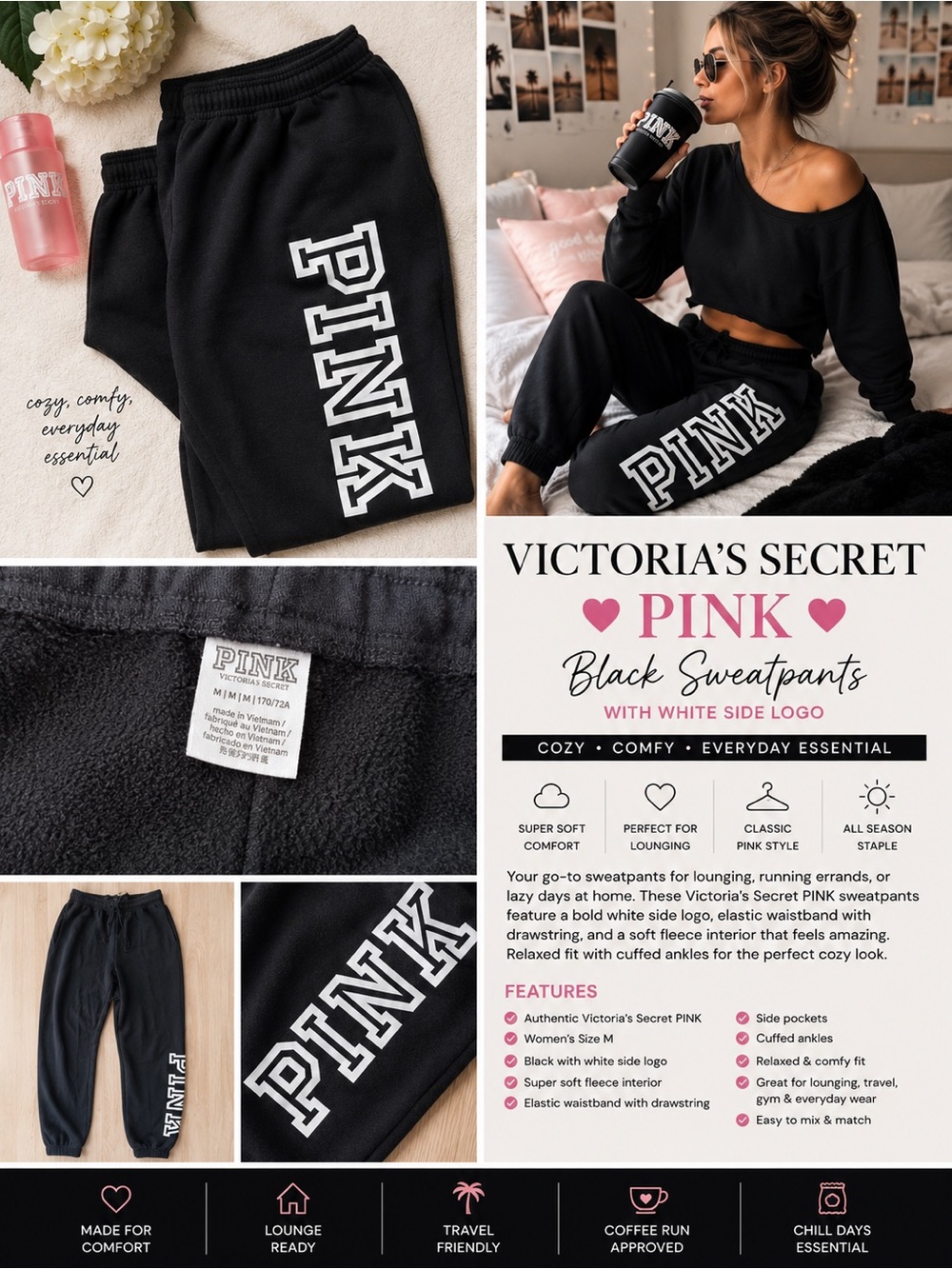 Victoria's Secret 🩷 PINK 🩷 Black Sweatpants with White Side Logo M